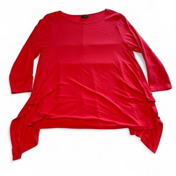 Lisa Bayne Asymmetrical Hem Tunic Top Sz Large 3/4 Sleeve Rayon Coral USA - Picture 3 of 6
